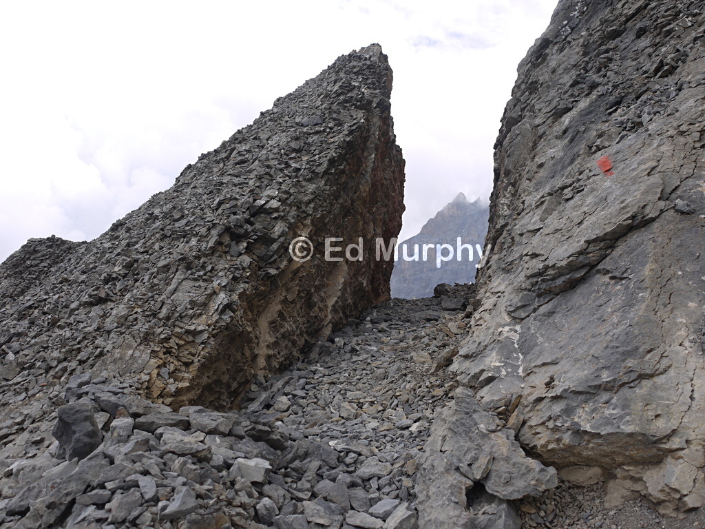 The artificial-looking notch in the ridge above the Spitzstein