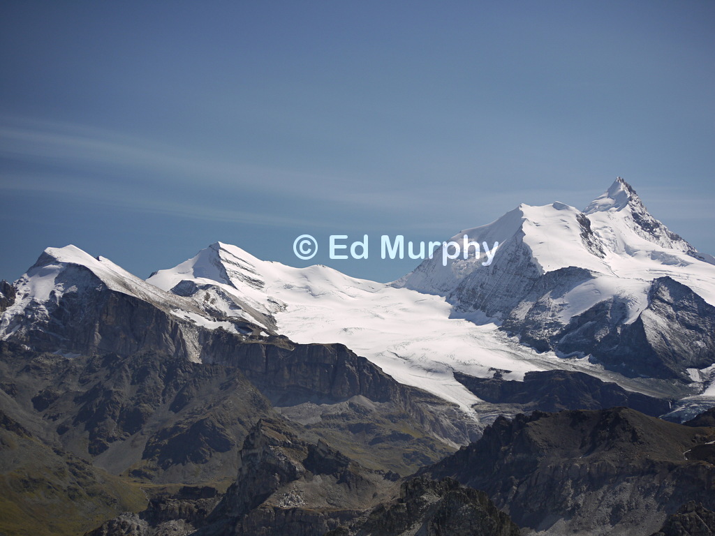 Outer Barrhorn (L), Brunegghorn and Weisshorn from the Bella Tola