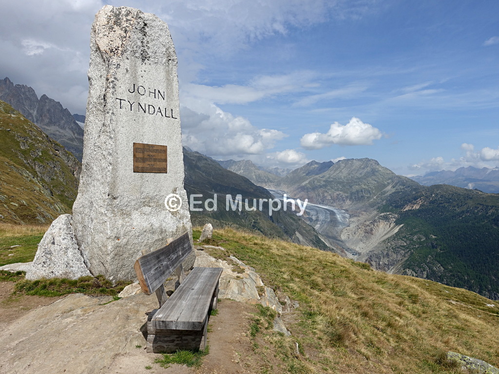 The Tyndall Monument above Belalp and the tongue of the Aletsch Glacier