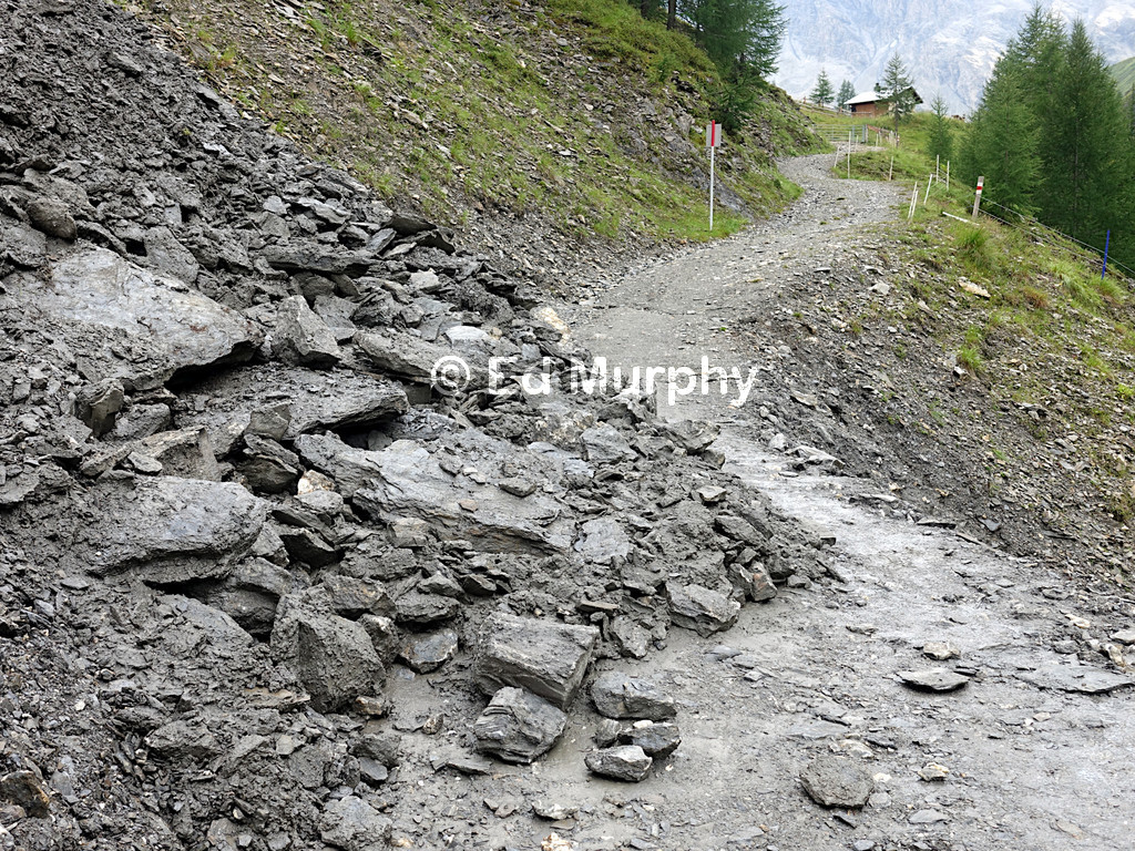 Jeep track above Samnaun being engulfed by a mudslide